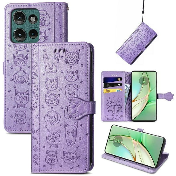 Funda Cartera FOXDOCK para Motorola Edge 2024 , Flip PU con Relieve de Gatos y Perros, Tarjetero y Soporte