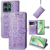 Funda Cartera Foxdock Para Motorola Edge 2024 , Flip Pu Con Relieve De Gatos Y Perros, Tarjetero Y Soporte