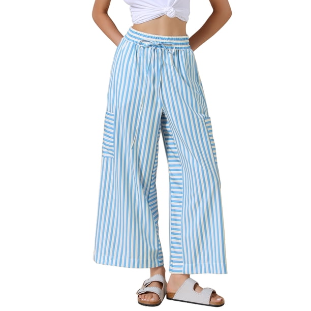 INSPIRE CHIC Pantalones Casuales a Rayas para Mujeres de Regreso a Clases Piernas Anchas Cintura Elástica con Cordón Palazzo Pantalones de Salón XL Azul Claro