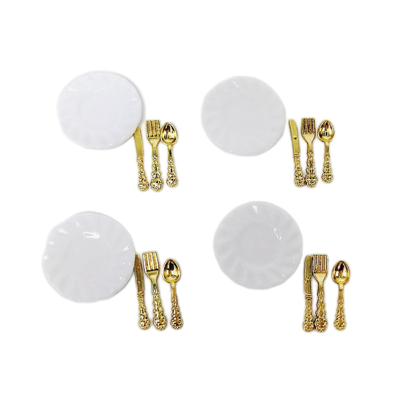 Magideal - Casa De Muñecas En Miniatura Plato De Decoración De Casa De Muñecas Con Cuchara De Cubiertos Para 1/12 Casa De Muñecas Cocina Juguete Creati Dorado