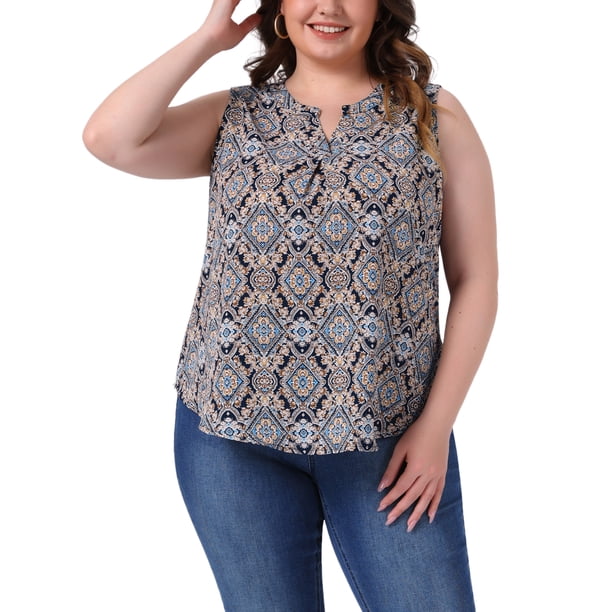Top de talla grande para mujer sin mangas con estampado floral, blusa de tirantes con cuello en V, camisetas 3X azul marino