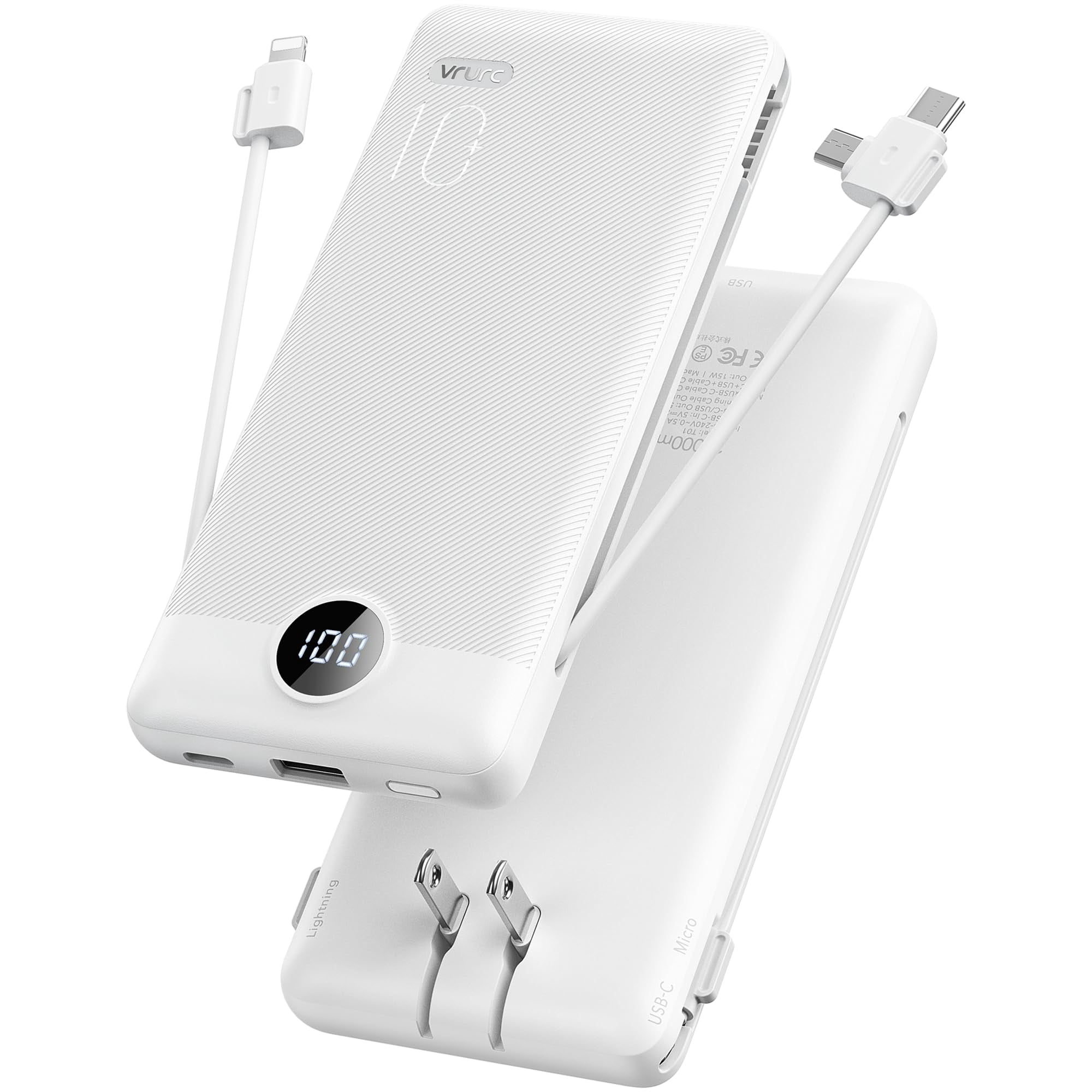 Cargador Portátil Vrurc De 10000 Mah Con Cables Y Enchufe De Pared