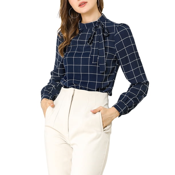 INSPIRE CHIC Blusas de Mujer para el Trabajo con Cuello de Lazo y Mangas Largas a Cuadros L Azul Marino
