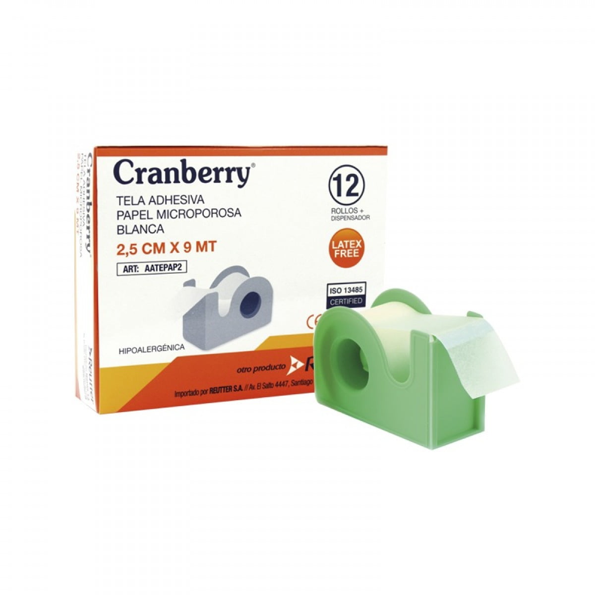 Cranberry - Tela Adhesiva Papel Microporosa 2.5 Cm X 9 Mt, 12 Rollos + Dispensador