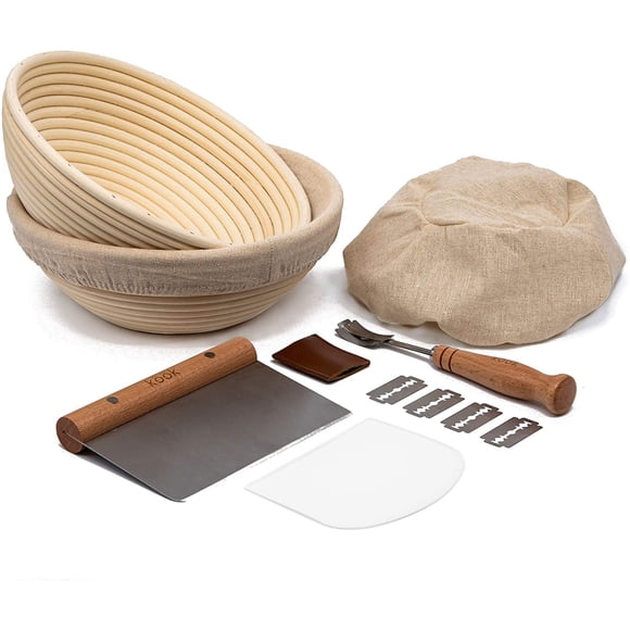 Set para hornear pan de masa madre KooK con 2 banneton de ratán de 23 cm