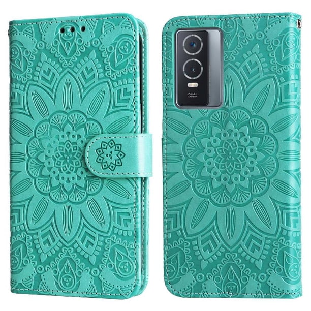 Funda tipo cartera FOXDOCK para Vivo Y76 5G , diseño girasol en relieve, cuero PU, cierre magnético, soporte y tarjetero