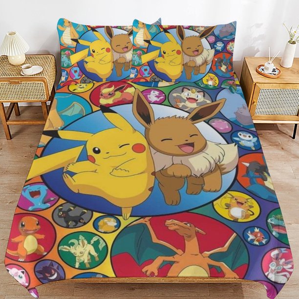 Pi-ka-chu Bed Duvet Cover Microfiber Bedding Sets 3D Printed Lightweight 3 Piece Comforter Sets for Kids Boys Girls