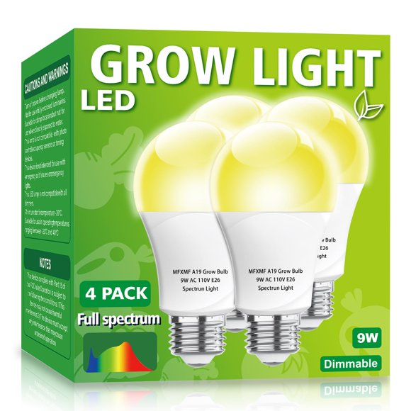 Bombilla LED de cultivo mfxmf A19, 9 W, E26, espectro completo, paquete de 4 unidades