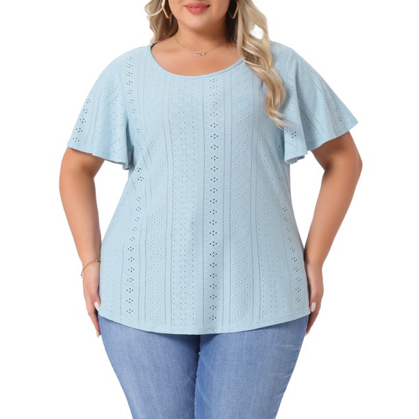 Agnes Orinda Camiseta de Mujer Talla Grande para Escuela y Universidad Cuello Redondo Ajuste Suelto Manga con Volantes Verano Hueco Blusas Casual Tops 2X Azul Claro