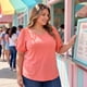 thumbnail image 3 of GRACE & GRANDEUR Blusas Casuales de Mujer Tallas Grandes con Panel Bordado, Manga Corta Abullonada y Cuello Redondo 1X Rojo Coral, 3 of 7