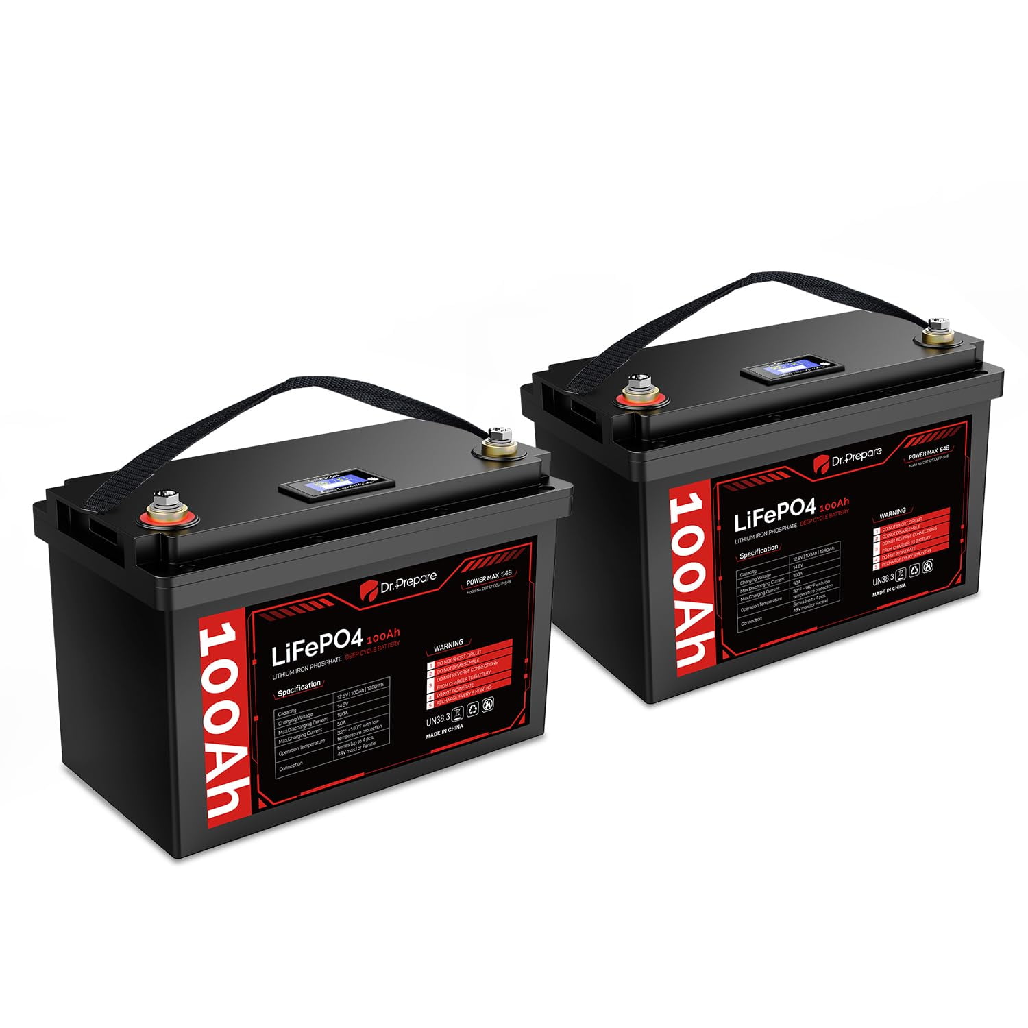 Batería Dr.prepare Lifepo4 De 12 V, 100 Ah, Ciclo Profundo Con Monitor, Paquete De 2