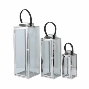 Homeessentials - Set De 3 Faroles De Vidrio Con Asa De Cuero
