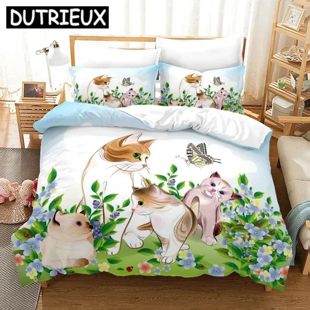 v2086 Bed Sheets Cartoon Funny Cute Cat Duvet Cover Set Polyester Pillowcases Quilt Cover Home Decor Gift Twin King Queen Bedding Set 3-Piece Bedding Set (1 Duvet Cover + 2 Pillow Shams) Bed Sheets ju