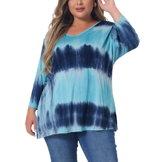 Agnes Orinda Blusas Casuales de Talla Grande para Mujer con Estampado de Rayas Tie Dye, Cuello en V, Mangas 3/4, Túnica, Talla 1X, Azul Lago