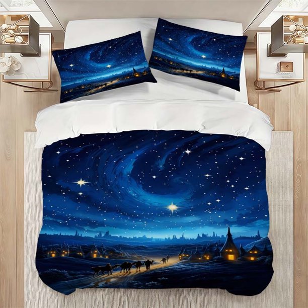 Winter Starry Sky Snow Town Pattern Set Soft and Comfortable Bedding Set