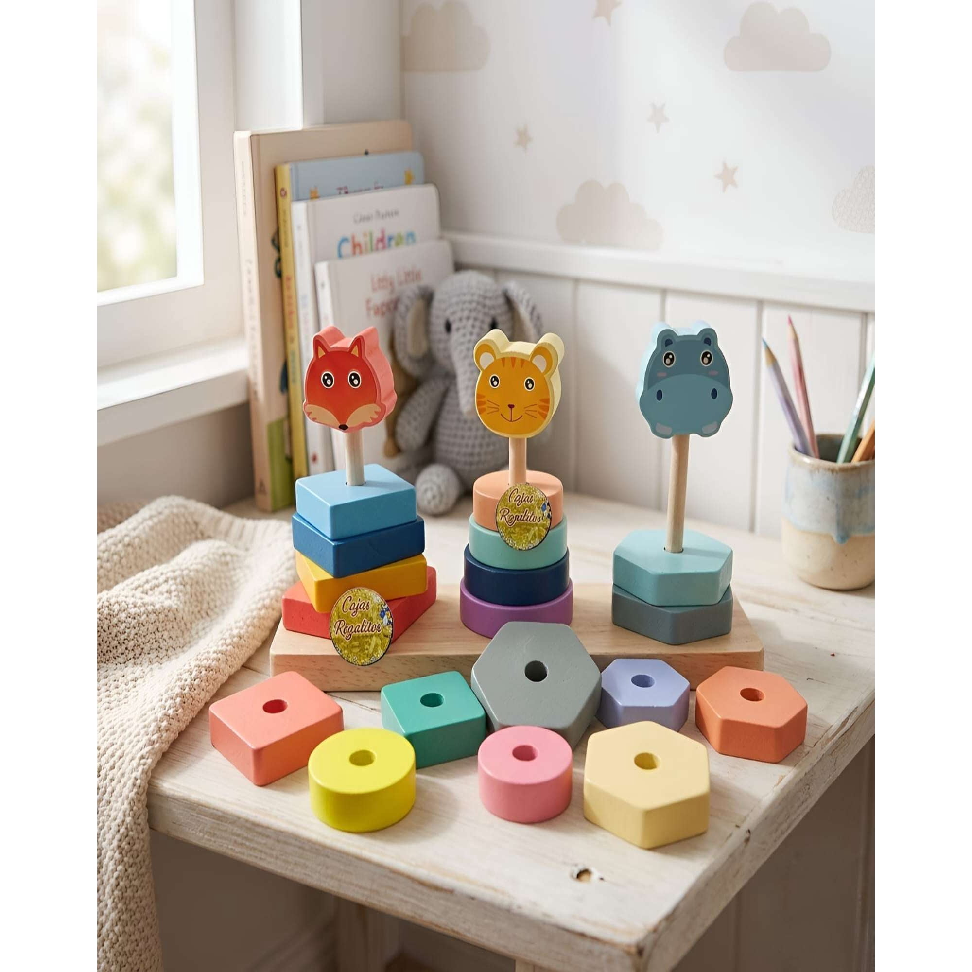Mylhogar - Juguete Didáctico De Madera Set De Torres De Animales Y Encaje