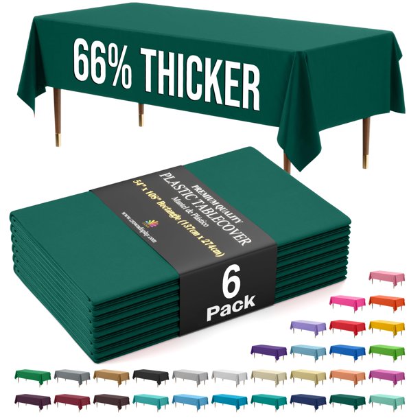 Exquisite Mantel de Plástico Premium 66% Más Grueso, Rectangular, 0,5 mil, Pack de 6, Verde Oscuro, 54" x 108" (137 cm x 274 cm), Descartable y Resistente