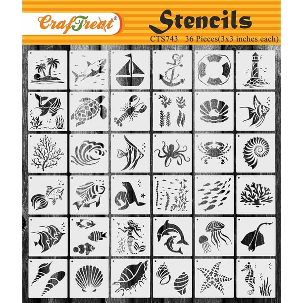 Plantillas Reutilizables CrafTreat de 36 Piezas de Animales para Pintar en Lienzo (7.6x7.6 cm), Plantillas de Criaturas Marinas y Submarinas para Manualidades