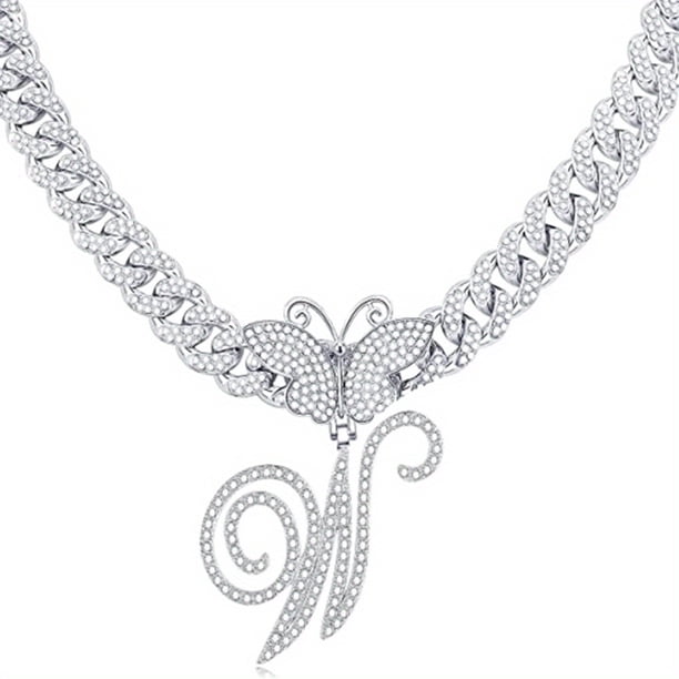 Stylish Hip Hop Cuban Butterfly Necklace with White Letter Initials