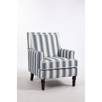 M&Ms - Upholstered Accent Chair, Vintage Armchair With Blue And White Striped Linen Fabric And Nailhead Trim For Living Room