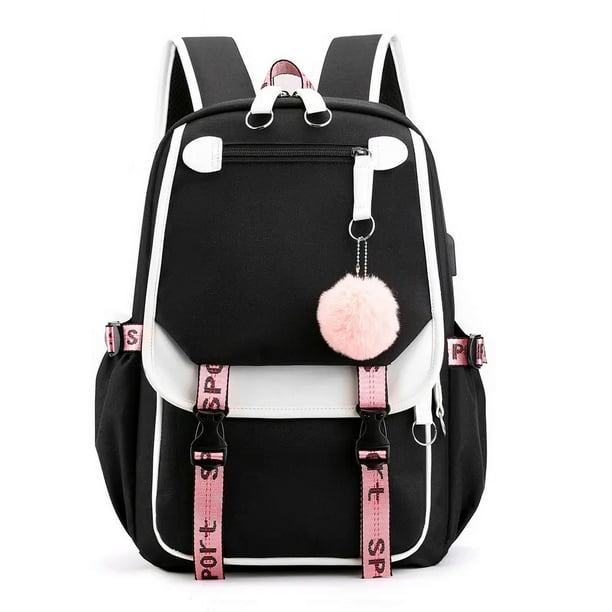 Large School Bags for Teenage Girls USB Port Canvas Schoolbag Student Book Bag Fashion Black Pink Teen School Backpack