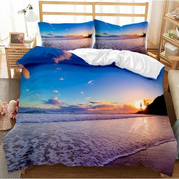 Summer Beach Ocean Waves Quilt Duvet Cover Set Comforter Cover Kids 3-Piece Bedding Set