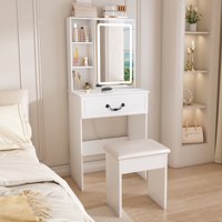 M&Ms - Modern Mini Dressing Table With Led-Lit Mirror & Hidden Storage,Includes Padded Stool,Adjustable Brightness Vanity Desk,Multi-Tier Dust-Proof Shelves,White