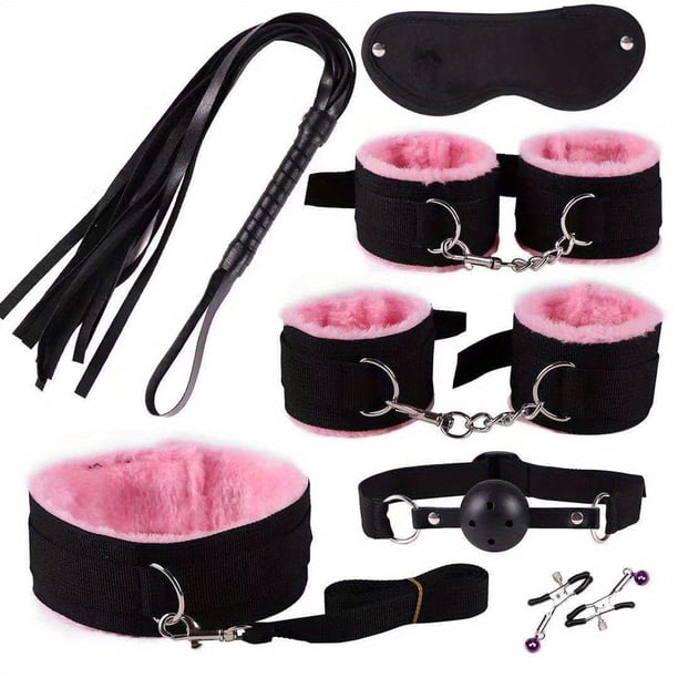 7pcs Beginner-Friendly BDSM Restraint Set with Ball Gag, Handcuffs, Ankle Cuffs, Blindfold, Collar, Nipple Clips, and Whip - Perfect for Couples and Adults for Intimate Play and Pleasure