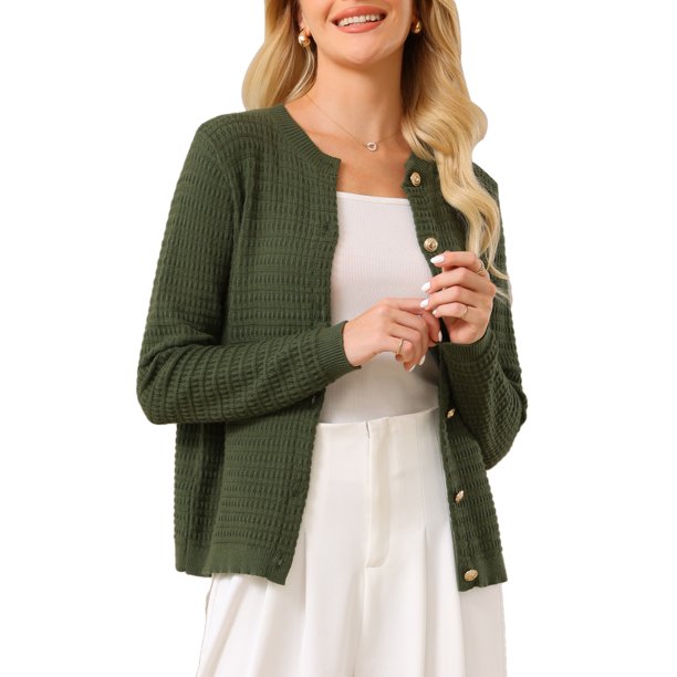 INSPIRE CHIC Chaqueta de punto con botones para mujer, cuello redondo, manga larga, tejido acanalado, 2XL Verde militar
