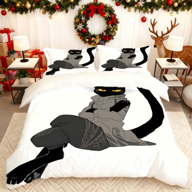 Featuring an Anthropomorphic Black Cat Illustration Printed Duvet Cover Set Essential Bedding with Colorful Patterns Suitable for All Seasons a Must-Have for Ho