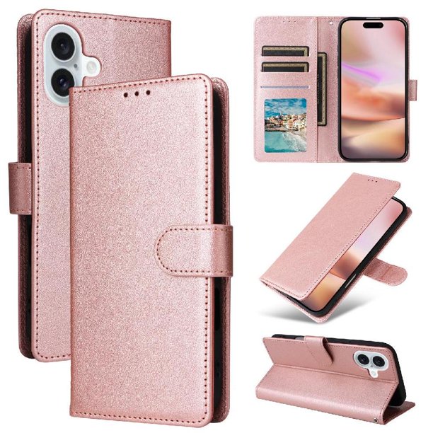Funda Cartera para iPhone 16 Plus con Tarjetero, Soporte y Cordón - Protección Oro rosa