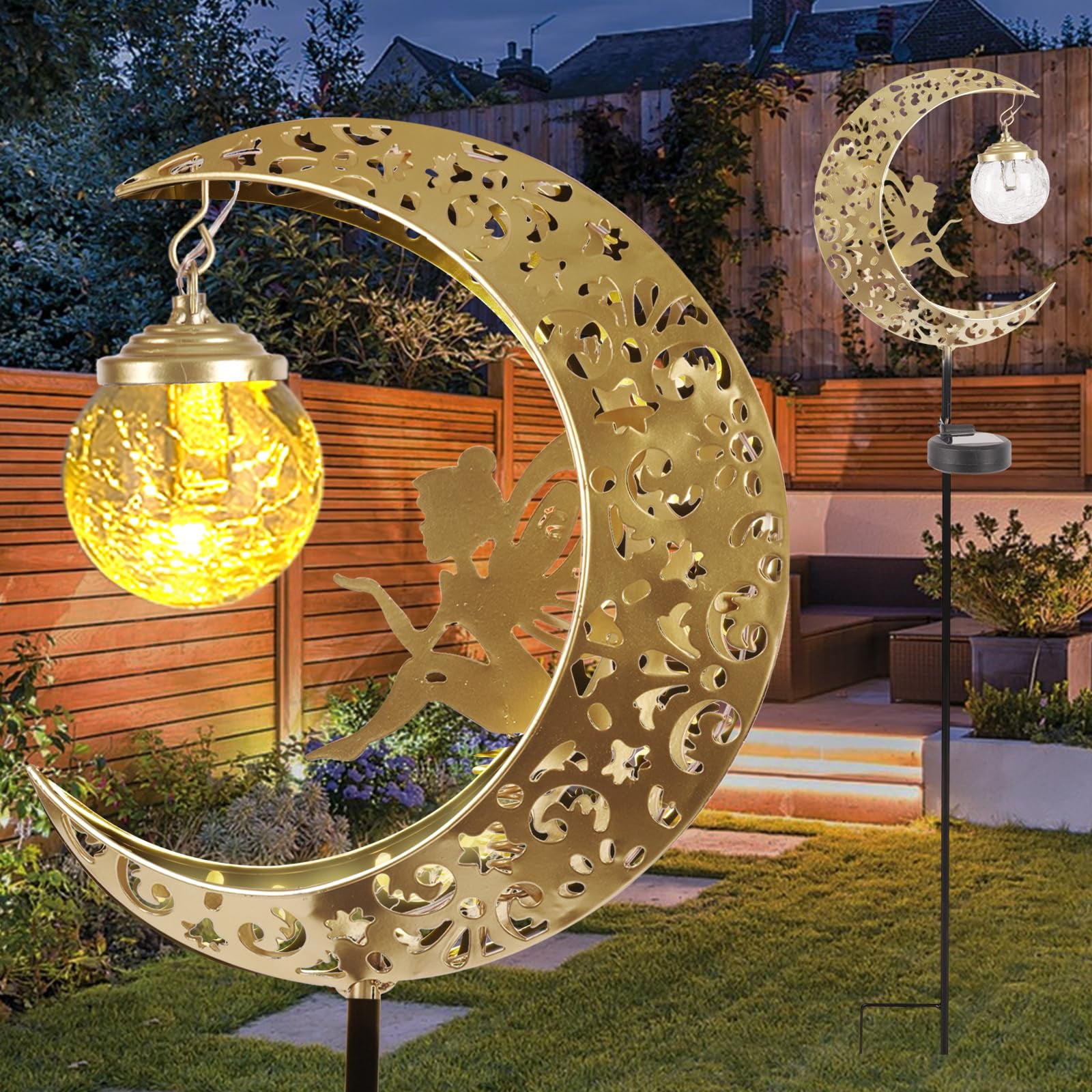 Xusx111 - Luces Solares Al Aire Libre Impermeable Luna De Hadas Grietas Luces De Vidrio Con Decoración De Ángel De Metal Para Patio Patio O Jardín Regalos Para Mamá Abuela Amigos