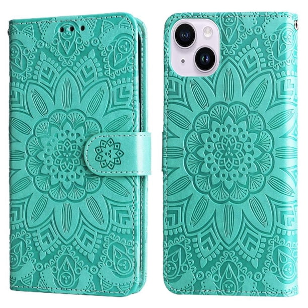 Funda tipo cartera FOXDOCK para iPhone 15 Plus , diseño girasol en relieve, cuero PU, cierre magnético, soporte y tarjetero