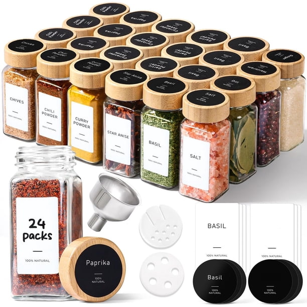ComSaf Frascos de vidrio para especias con etiquetas, 4 oz, paquete de 24, tapas de bambú