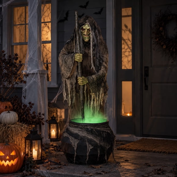 Bruja Animatrónica con Caldero Luz Verde y Movimiento 162 cm Halloween - Frank & Mortis