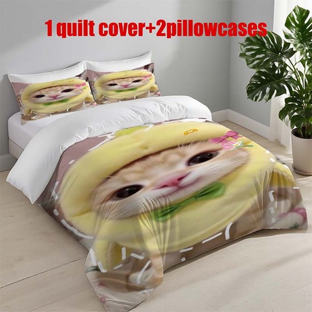 3pcs Kitten in Yellow Dress Themed Printed Bedding Set Duvet Cover and Pillowcases