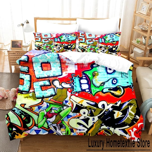 Cartoon Style Hip-Hop Graffiti ed Duvet Cover Pillowcase Bedding Set, Teenagers Bedroom Decor Bed Kit,Singleize Bed Sheets
