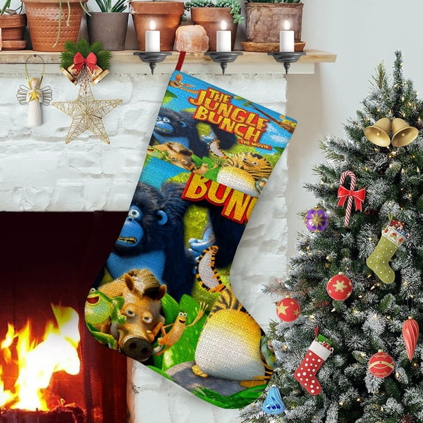 La Pandilla de la Jungla Tema: Calcetines de Navidad, fino lino blanco para colgar en escaleras y chimenea, decoración navideña para el hogar, regalo de Navidad.54cm×38cm