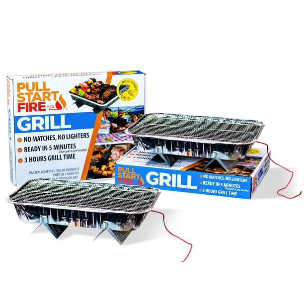 Parrilla desechable de carbón portátil Pull Start Fire con encendido por tiro, paquete de 2