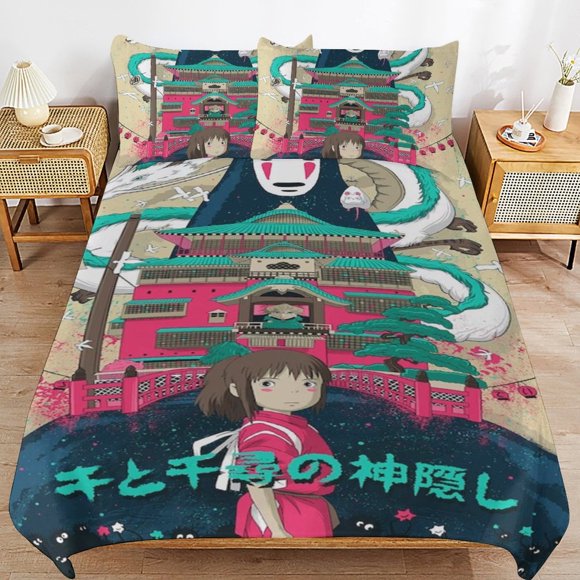 Spirited Away 3 Piece Anime Comforter Bedding 1 Set Super Soft Quilt Cover with 2 Pillowcases Funny Merch Anime Gifts for Girls Boys Kids Adults
