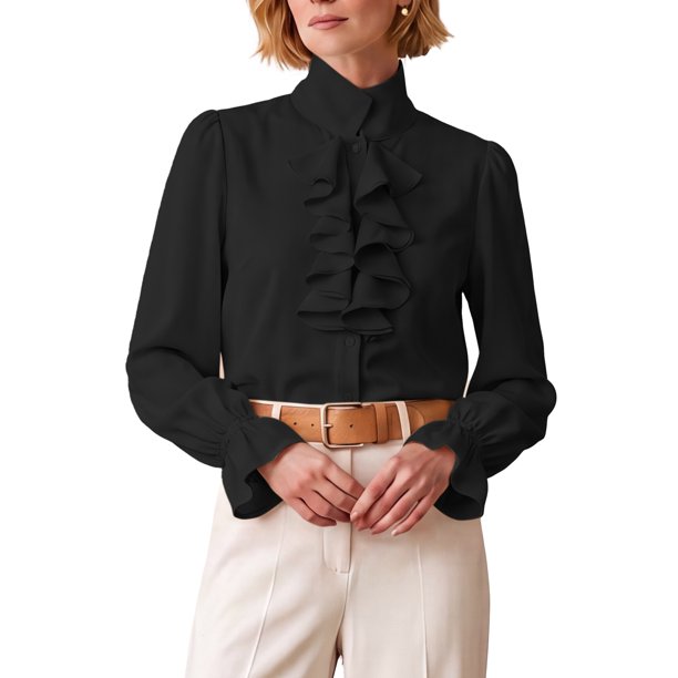 INSPIRE CHIC Blusa de Mujer con Volantes al Frente, Mangas Largas Abullonadas, Cuello Simulado, Ajuste Regular, XX-Large, Negro