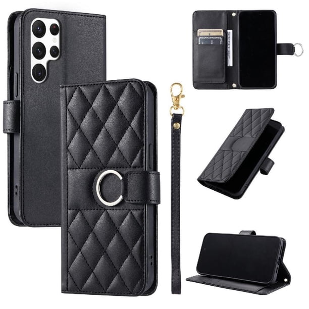Funda Acolchada con Anilla y Correa para Samsung Galaxy S22 Ultra Slots para Tarjetas Negro