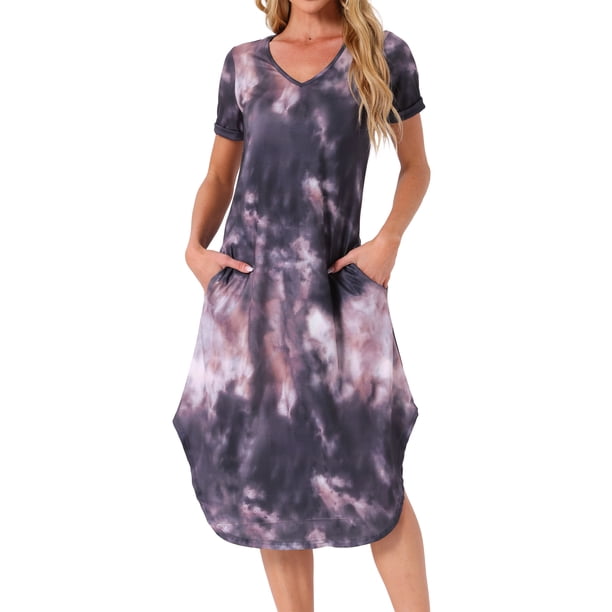 INSPIRE CHIC Camisón largo de manga corta con cuello en V para mujer, vestido de dormir suave con teñido anudado y bolsillos laterales para primavera verano, S teñido anudado negro rosa