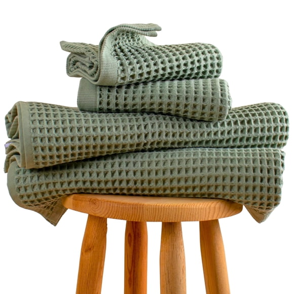 PÜSKÜL Natural Juego de 4 Toallas de Algodón Turco 100% con Tejido Waffle, Verde Salvia