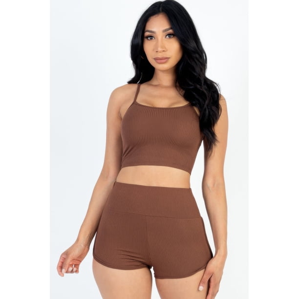 Conjunto De Top Corto De Tirantes Acanalado Y Shorts Fruncidos