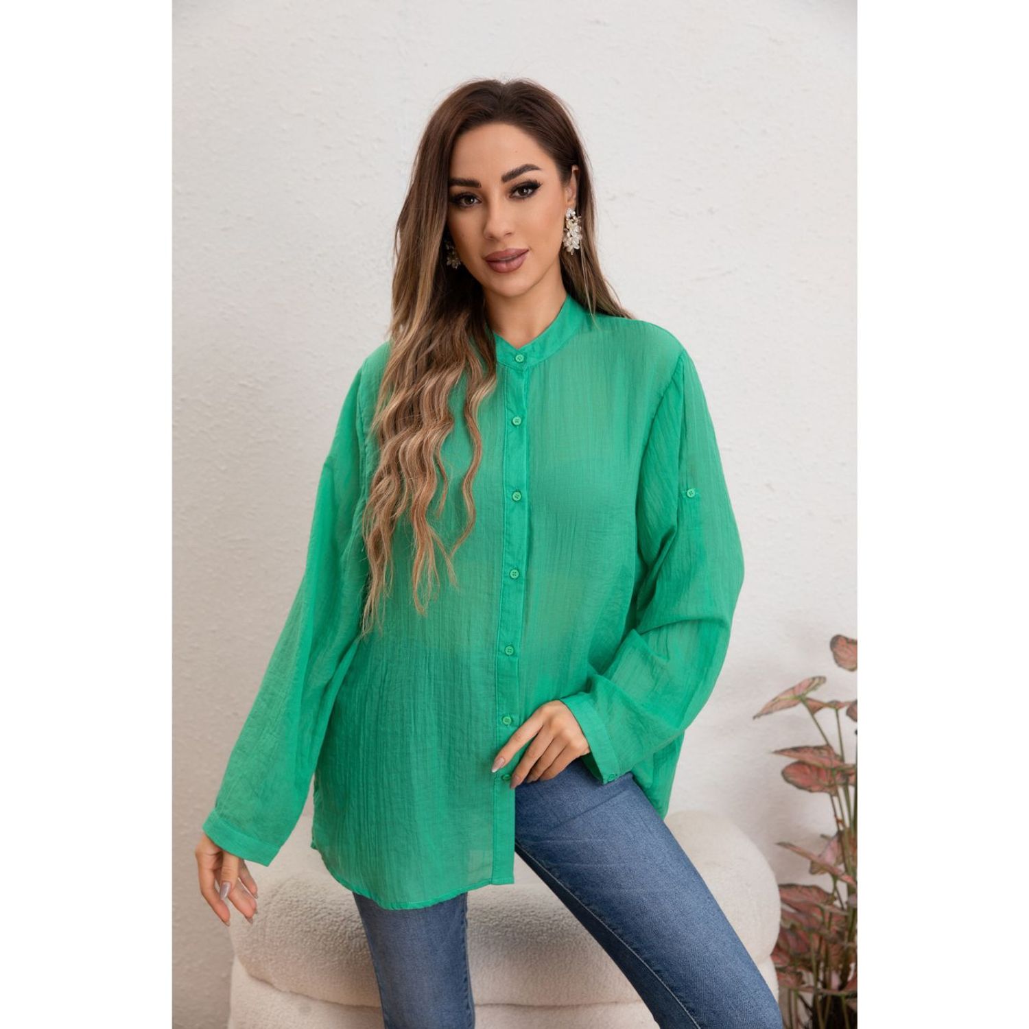 Likeshop - Blusa Mujer Lino Algodón Premium Liviana Manga Larga Cuello Mao 8055