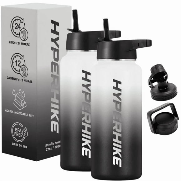 Pack 2 Termo Acero Inoxidable 1lt Hyperhike + 6 Tapas Blanco / Blanco