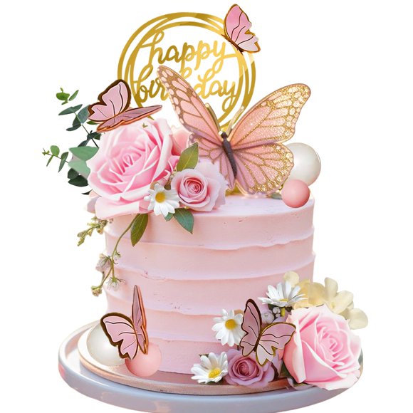 Adorno para pastel Tazimi con flores rosas y mariposas