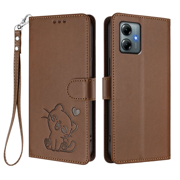 Motorola MOTO G Play 2025 Funda Billetera con Estampado de Gato, Marrón
