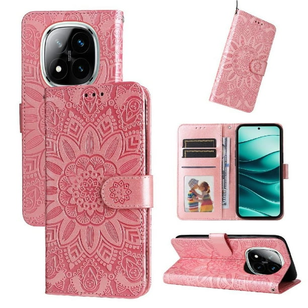 Funda tipo cartera FOXDOCK para Xiaomi Redmi Note 14 Pro 5G , diseño girasol en relieve, cuero PU, cierre magnético, soporte y tarjetero